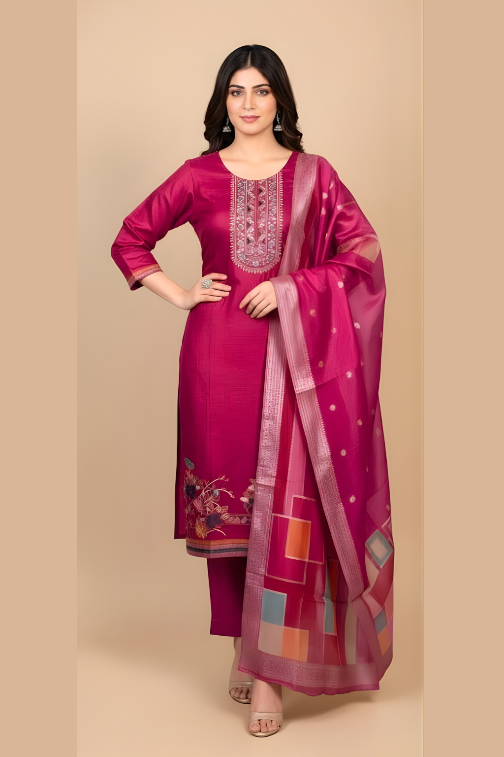 Magenta Kurta Set in Tissue Shimmer Fabric with Shimmer Dupatta