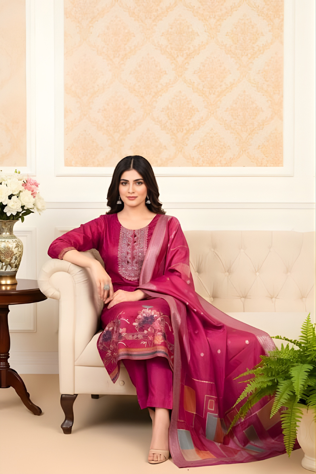 Magenta Kurta Set in Tissue Shimmer Fabric with Shimmer Dupatta