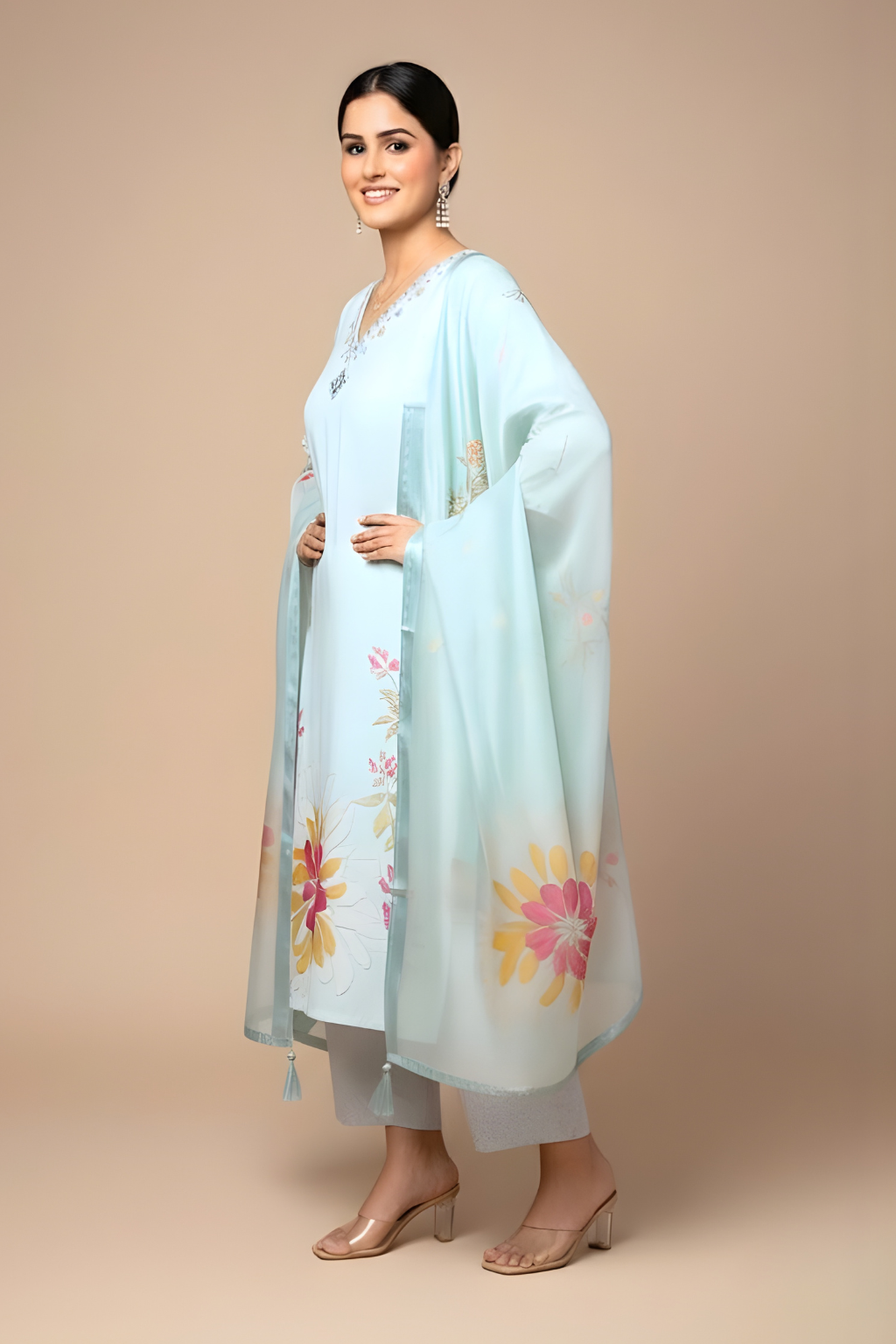 Pista Green Kurta Set in Raw Silk with Resham Work