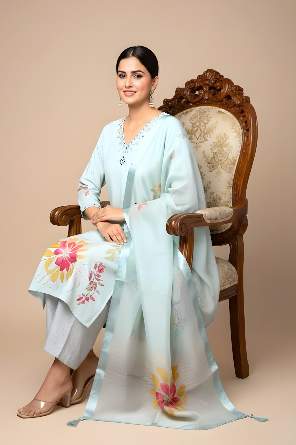 Pista Green Kurta Set in Raw Silk with Resham Work