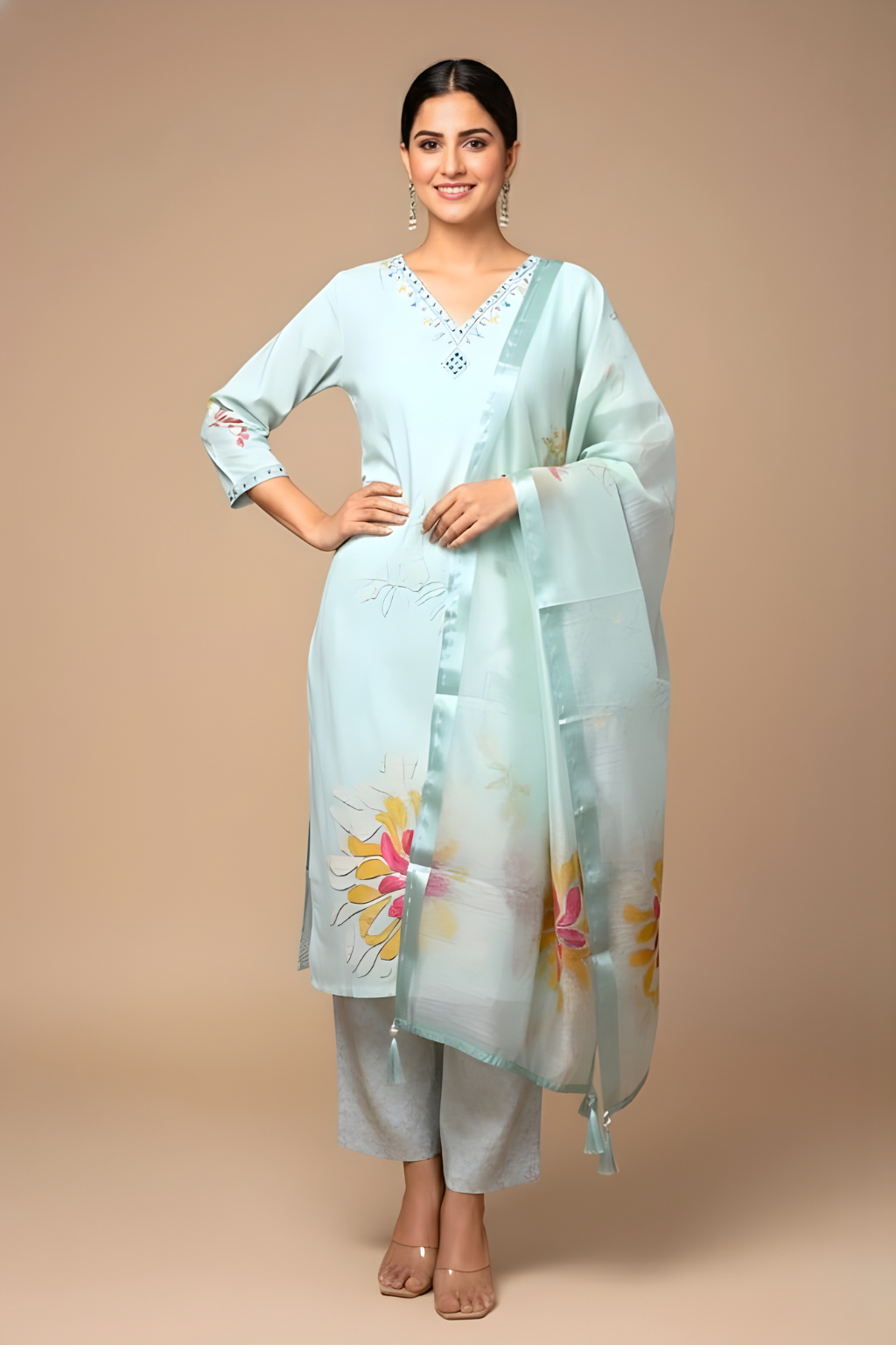 Pista Green Kurta Set in Raw Silk with Resham Work