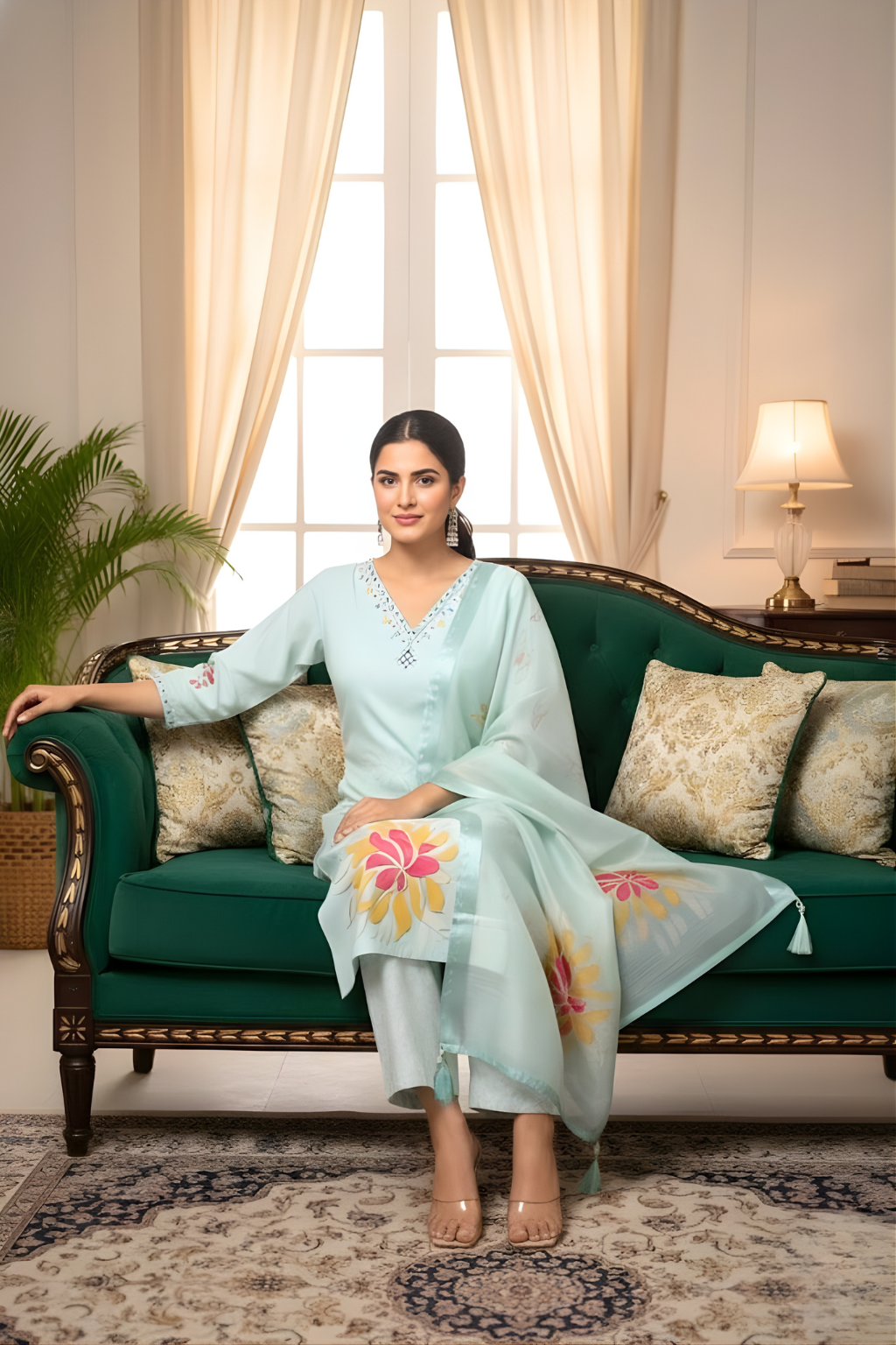Pista Green Kurta Set in Raw Silk with Resham Work