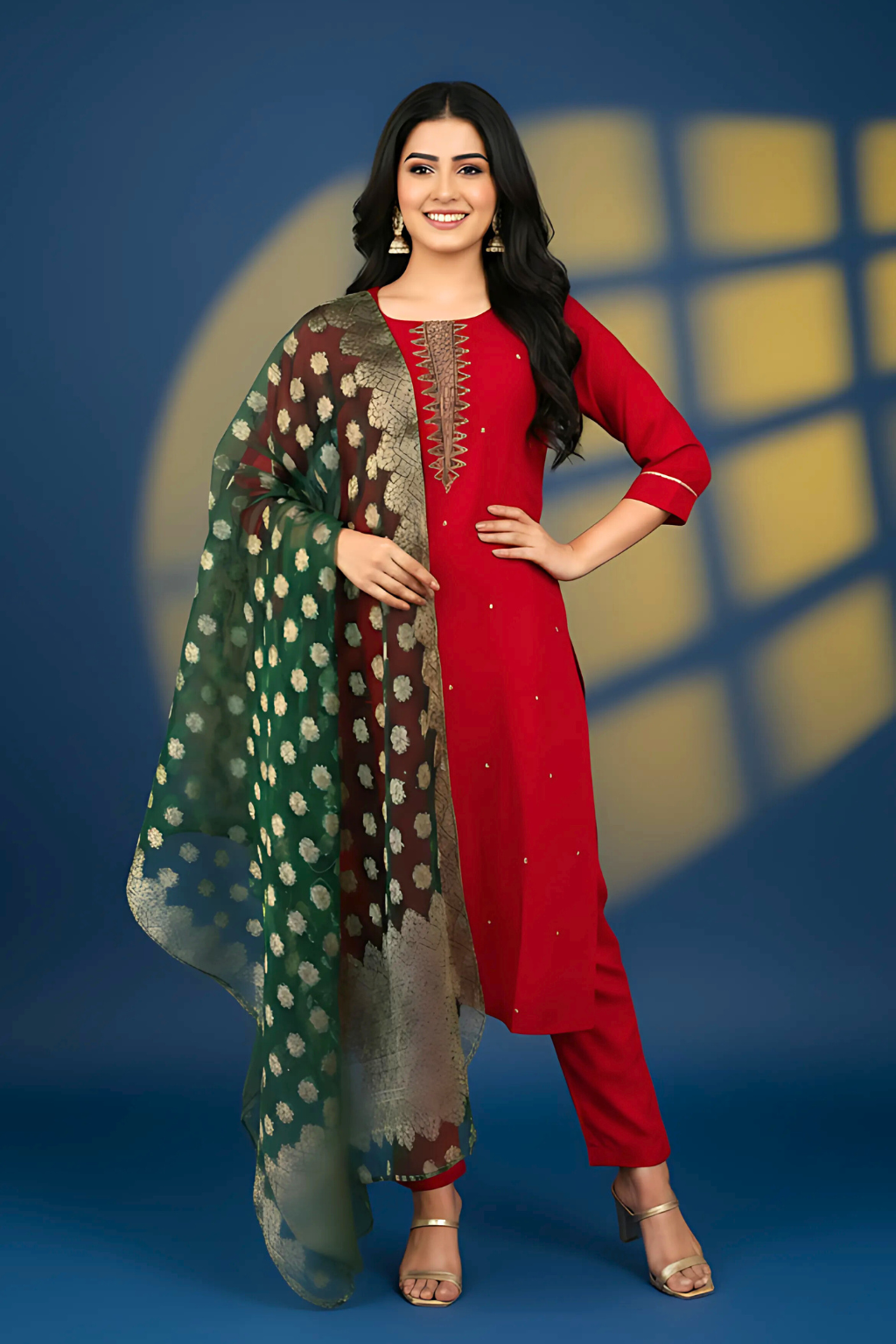 Red Kurta set with Banarasi Dupatta in vichatra fabric