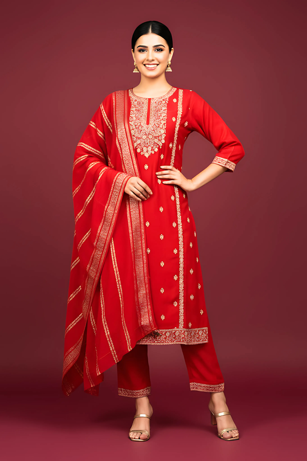 Red Kurta set with Banarasi Dupatta in dola silk