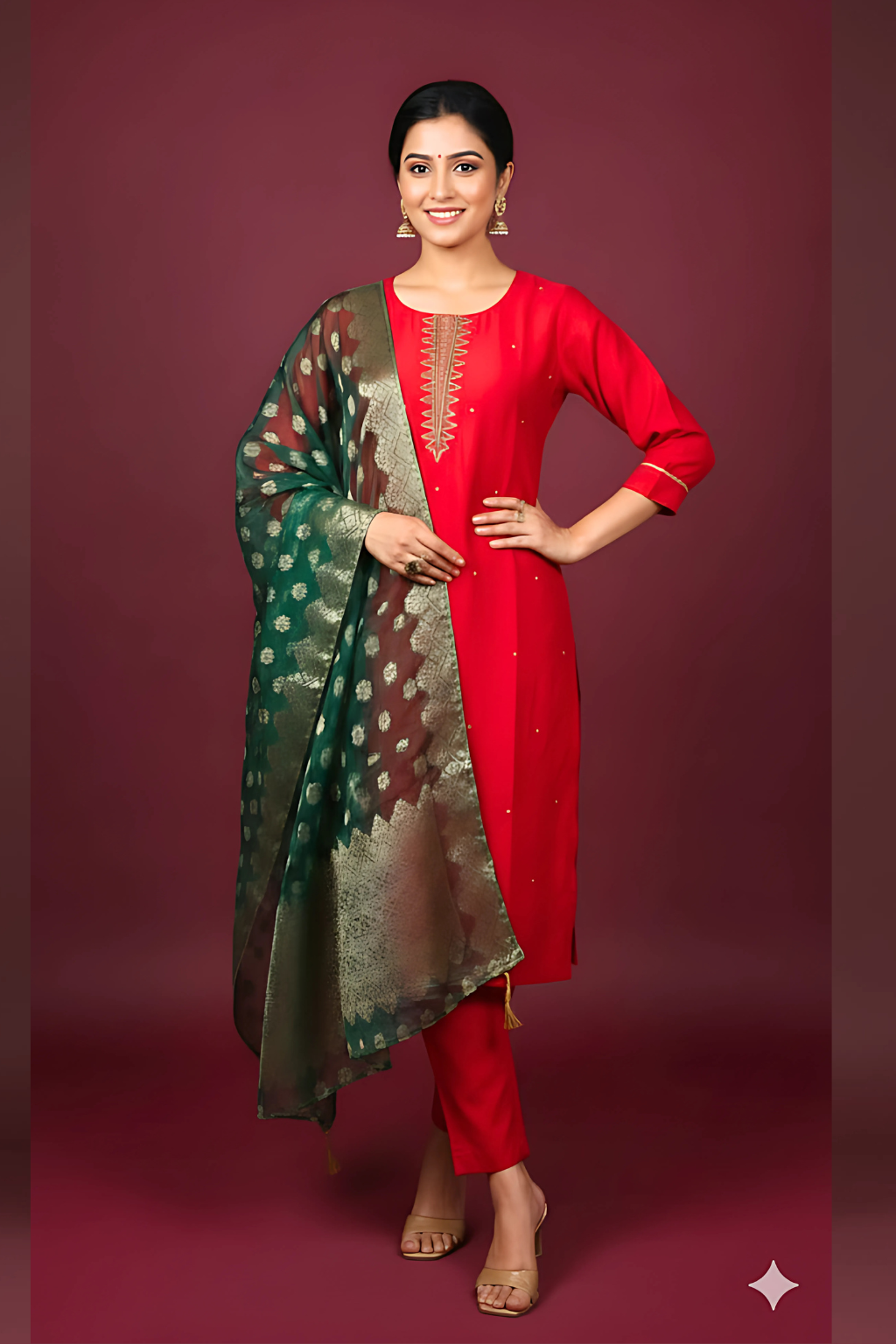 Red Kurta set with Banarasi Dupatta in vichatra fabric