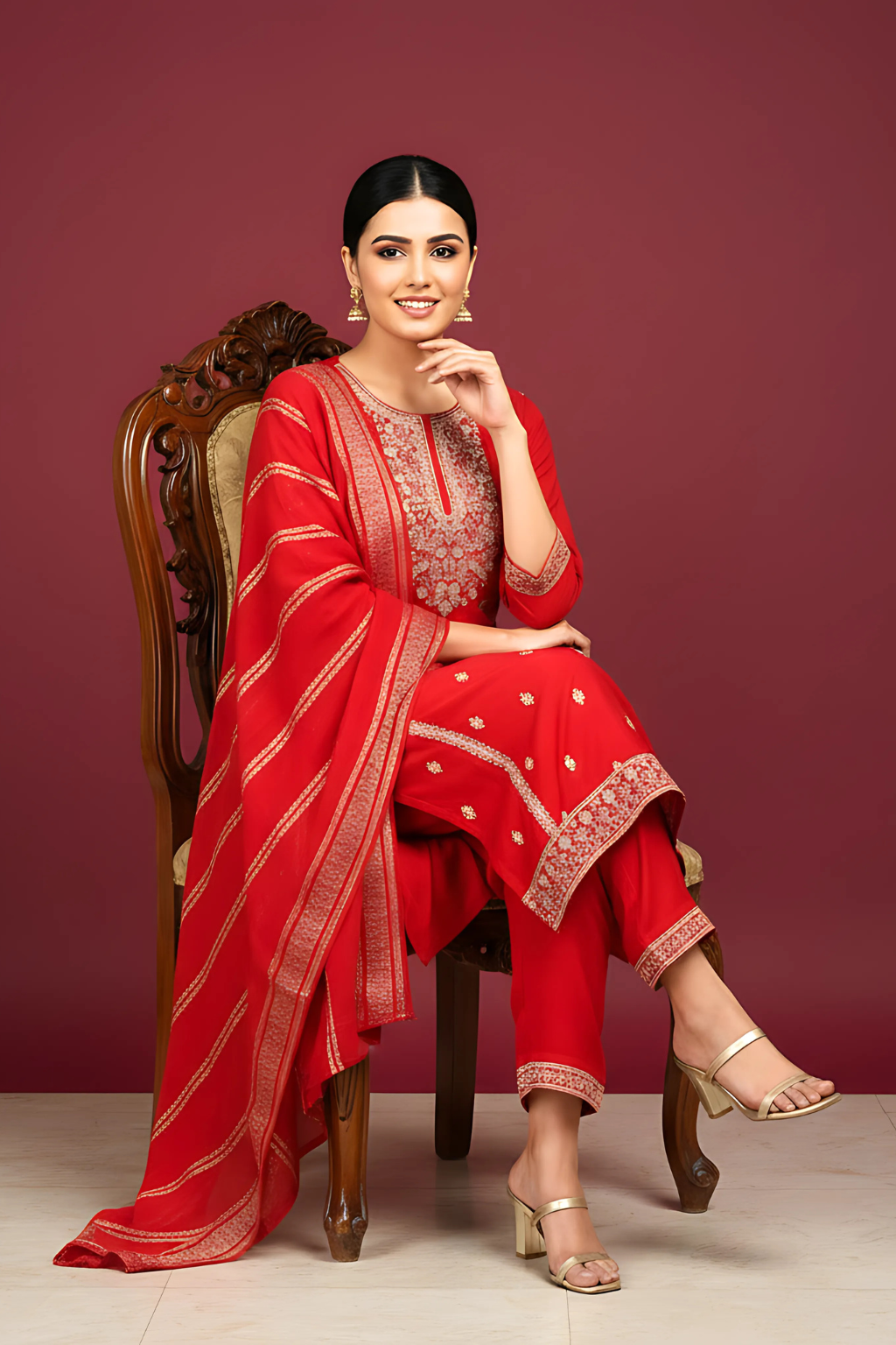 Red Kurta set with Banarasi Dupatta in dola silk