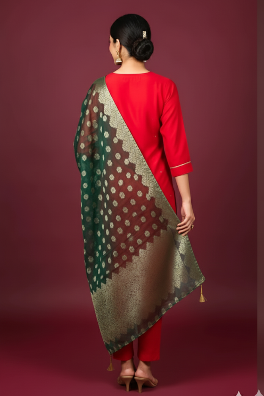 Red Kurta set with Banarasi Dupatta in vichatra fabric