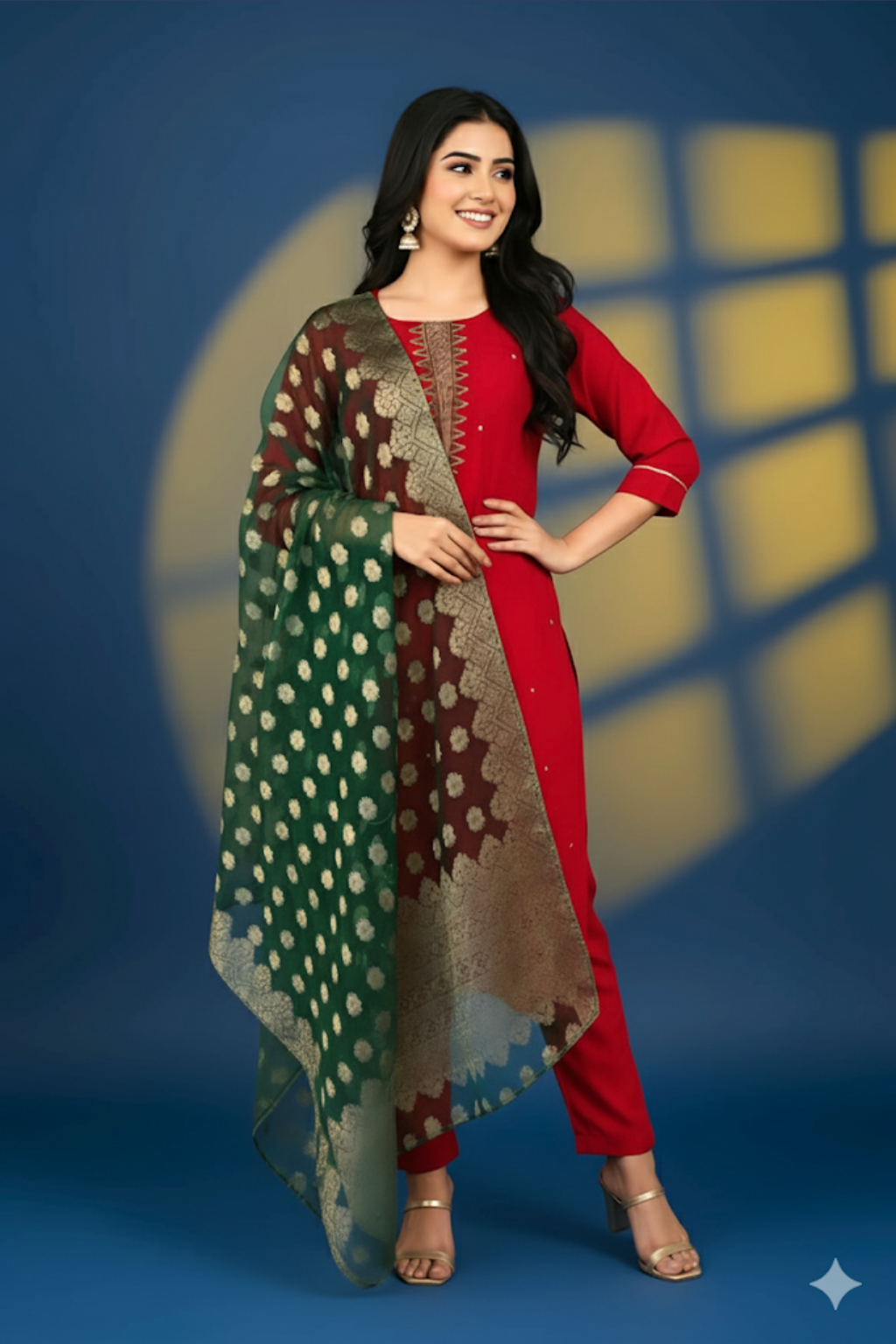 Red Kurta set with Banarasi Dupatta in vichatra fabric