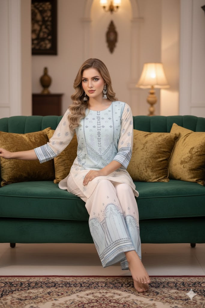 Light Blue and Cream Color Co-ord set in Muslin Fabric