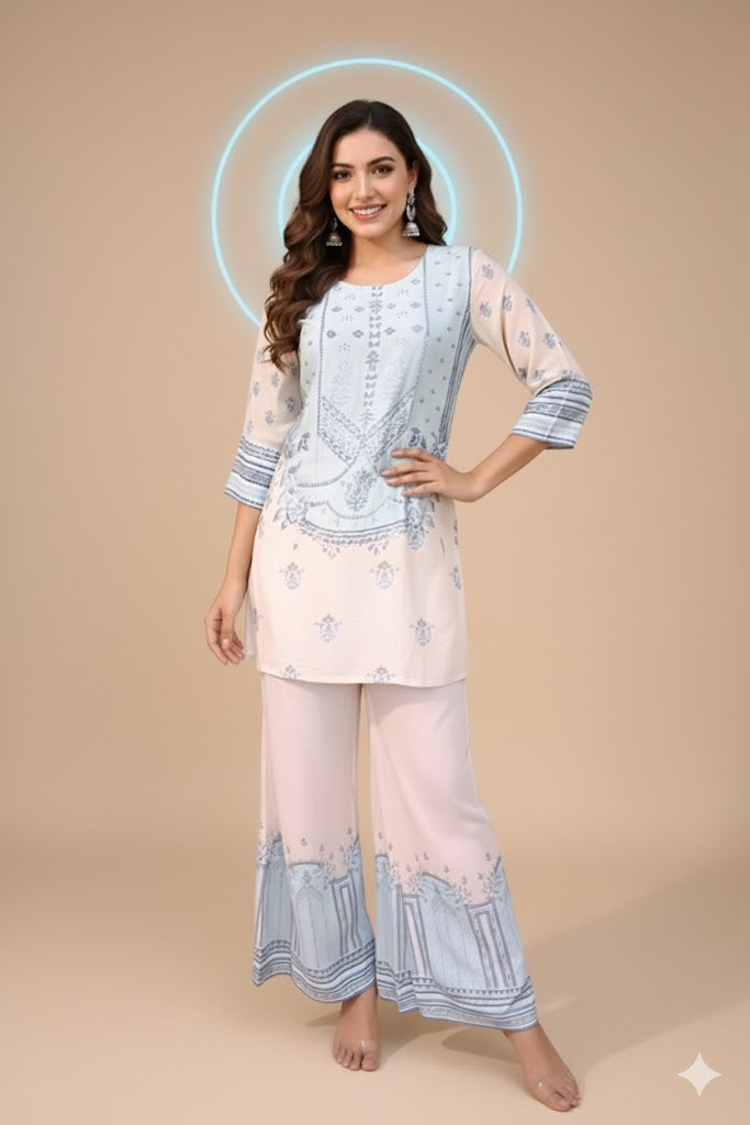 Light Blue and Cream Color Co-ord set in Muslin Fabric