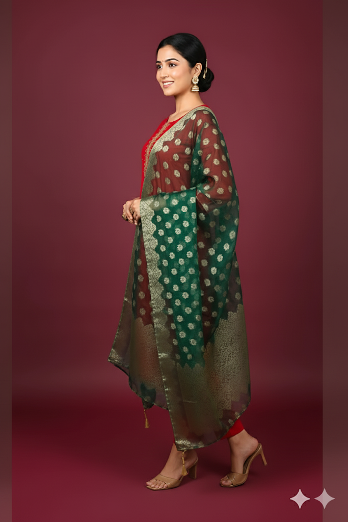 Red Kurta set with Banarasi Dupatta in vichatra fabric