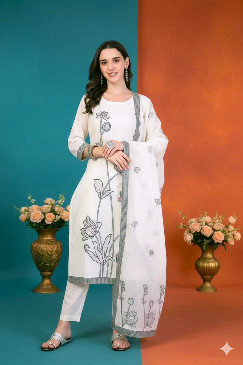 White Kurta Set with Thread Embroidery