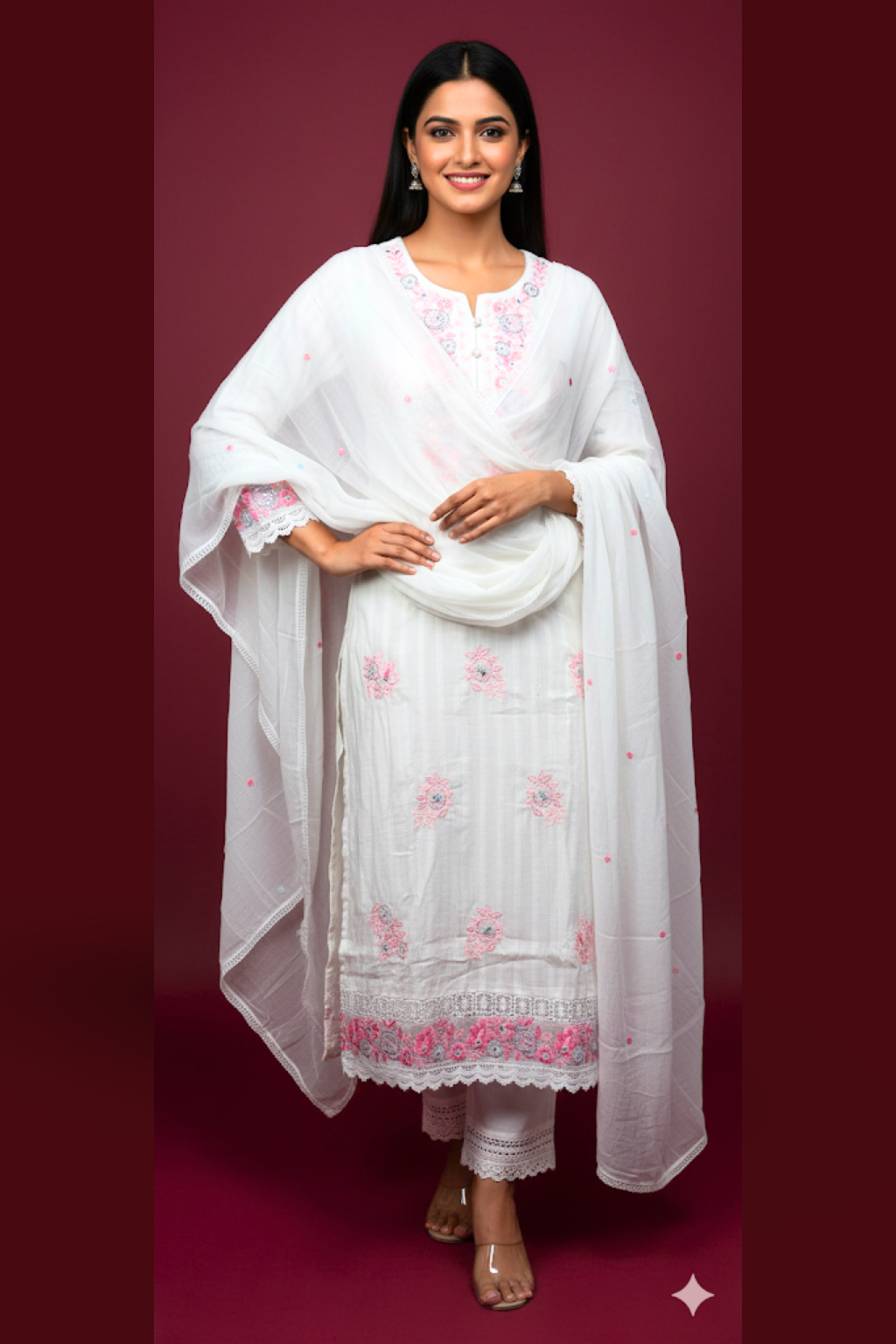 White Kurta Set in Mul Cotton Fabric with Resham Work