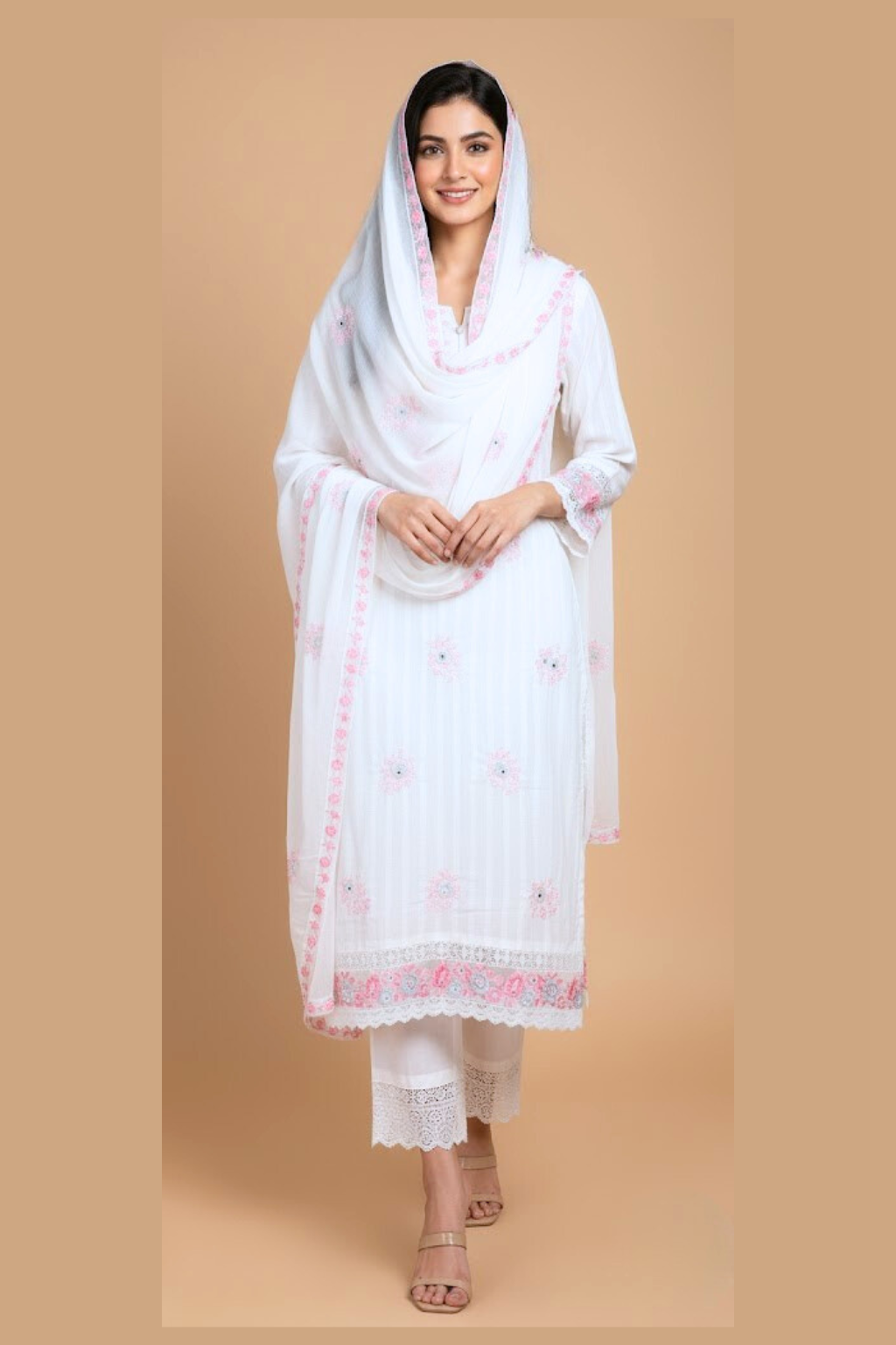 White Kurta Set in Mul Cotton Fabric with Resham Work