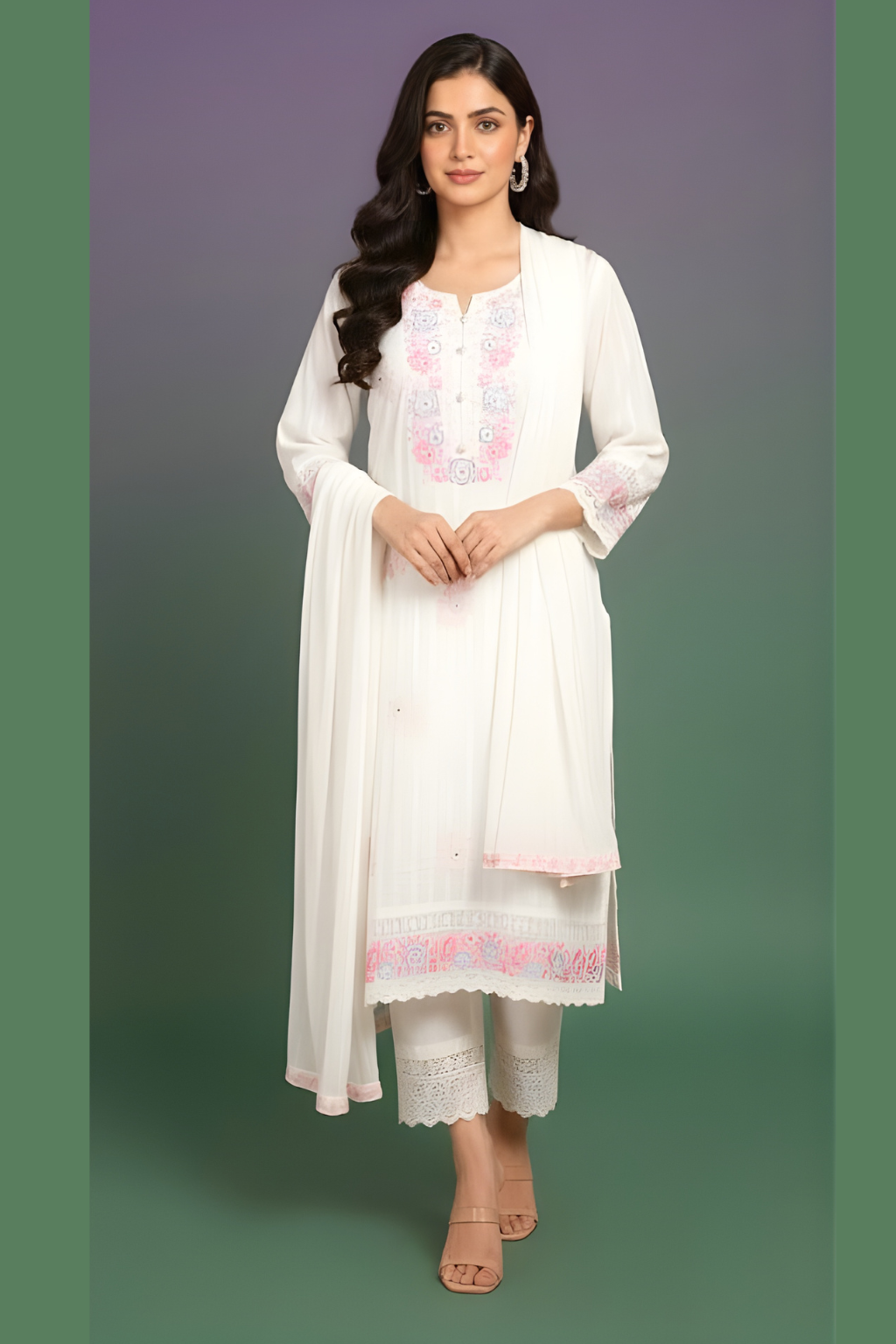 White Kurta Set in Mul Cotton Fabric with Resham Work
