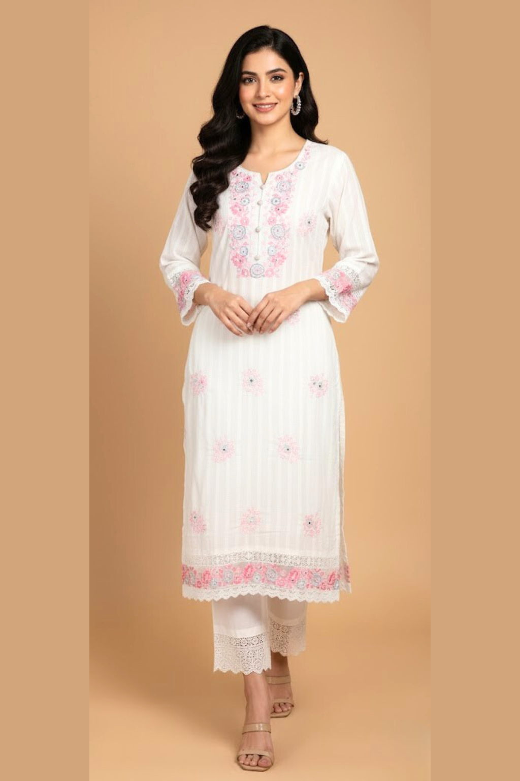 White Kurta Set in Mul Cotton Fabric with Resham Work