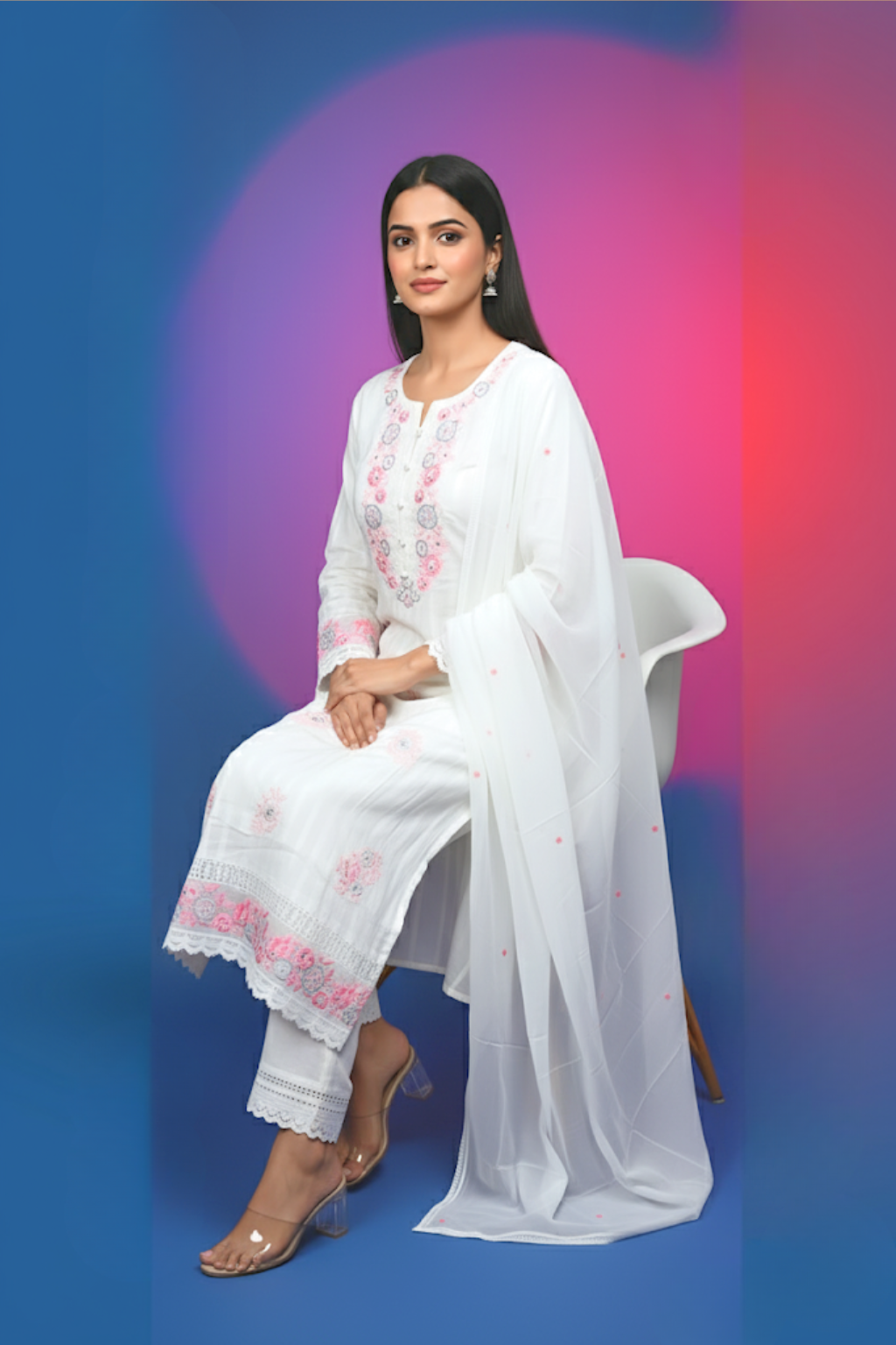 White Kurta Set in Mul Cotton Fabric with Resham Work