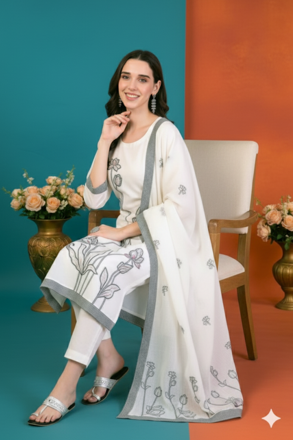 White Kurta Set with Thread Embroidery