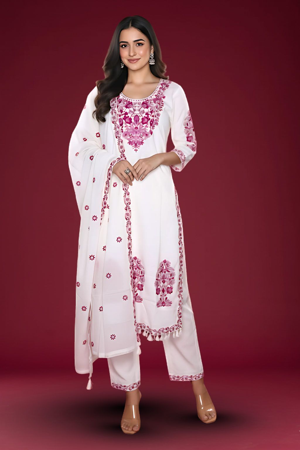 White Kurta Set with Magenta Embroidery