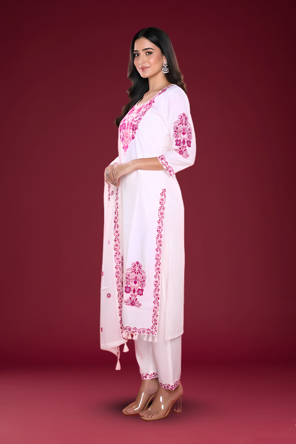 White Kurta Set with Magenta Embroidery