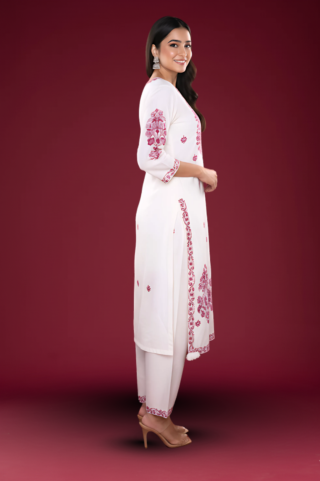 White Kurta Set with Magenta Embroidery