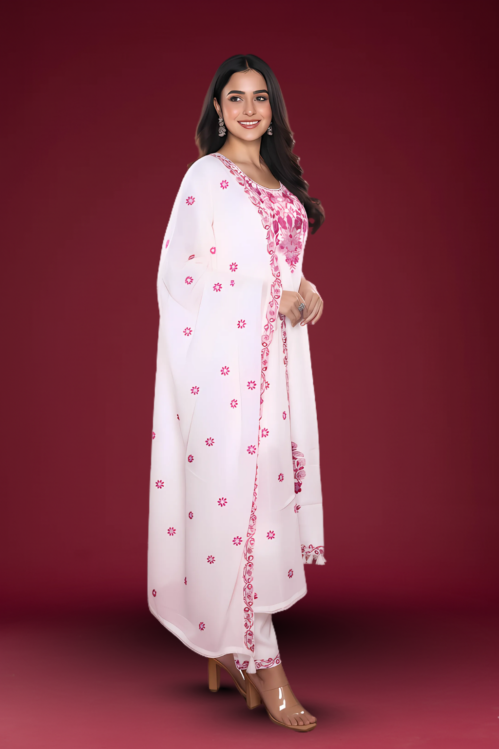 White Kurta Set with Magenta Embroidery
