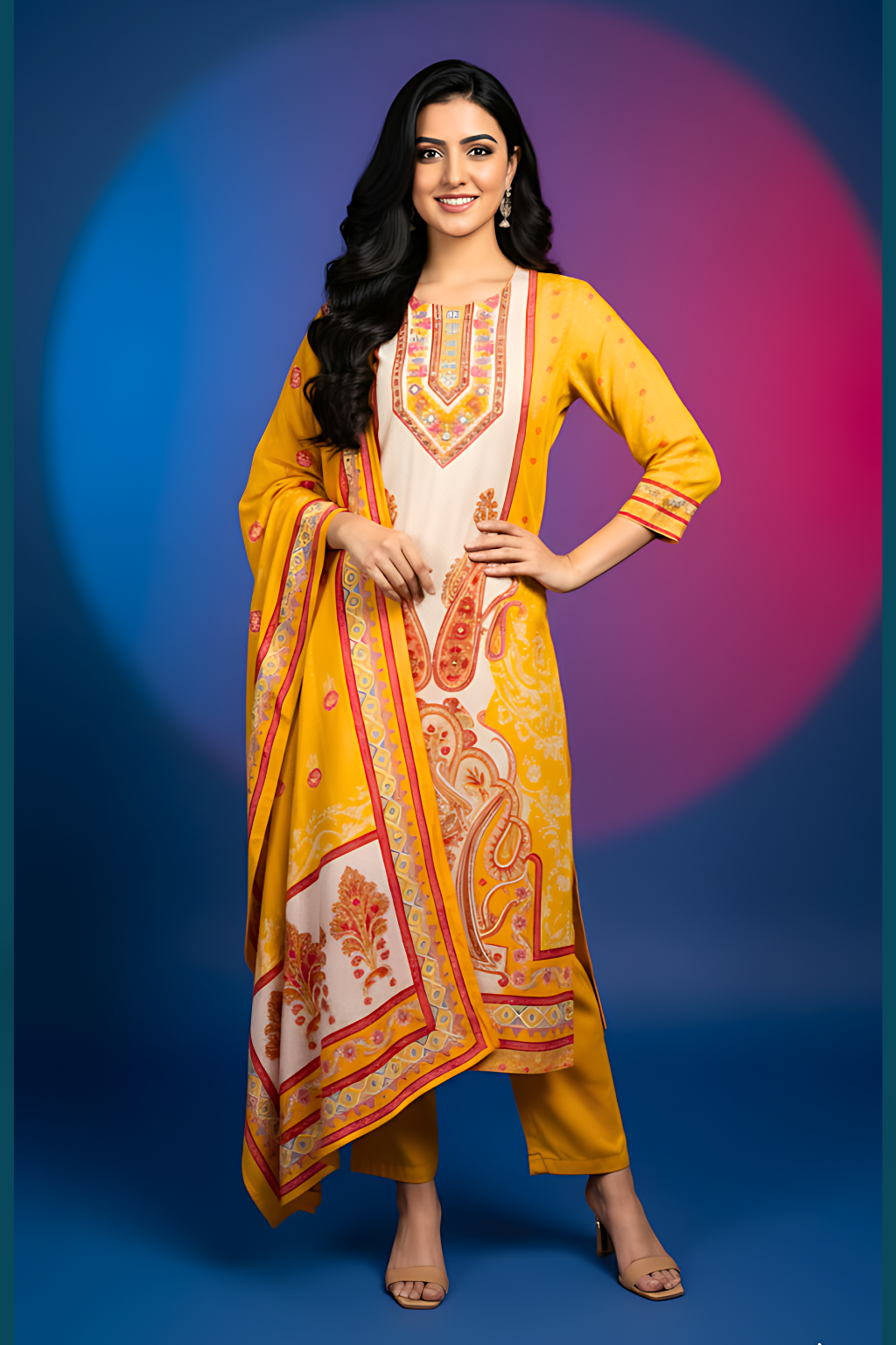 Yellow Kurta Set in Muslin Fabric with Digital Print