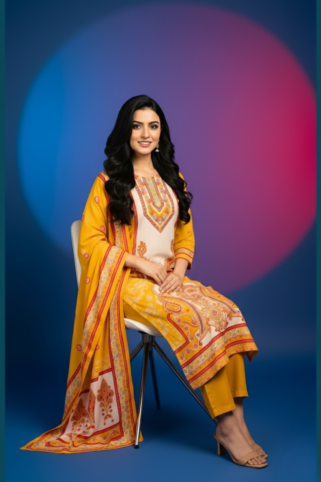 Yellow Kurta Set in Muslin Fabric with Digital Print