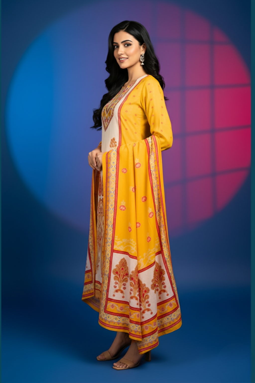 Yellow Kurta Set in Muslin Fabric with Digital Print