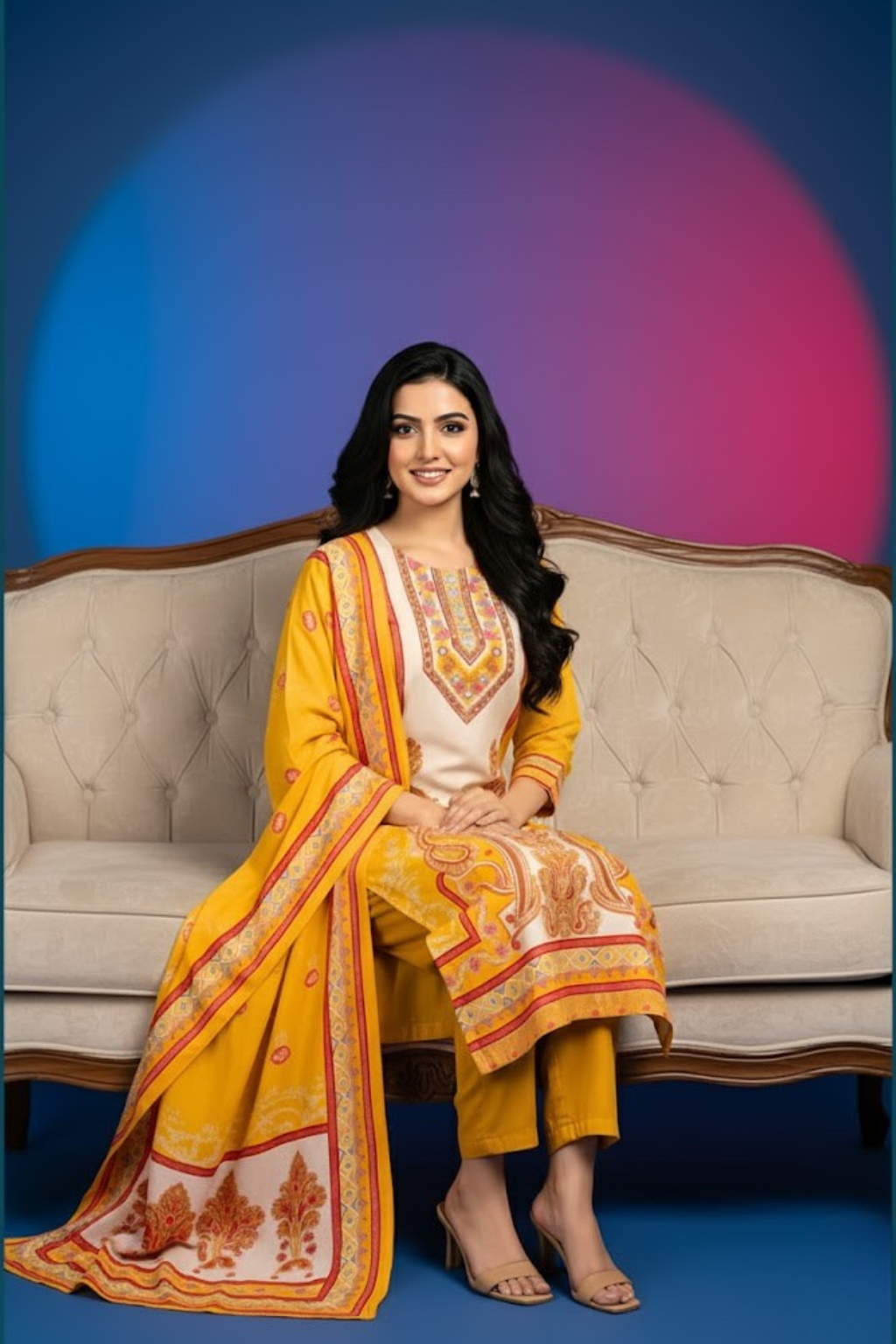 Yellow Kurta Set in Muslin Fabric with Digital Print