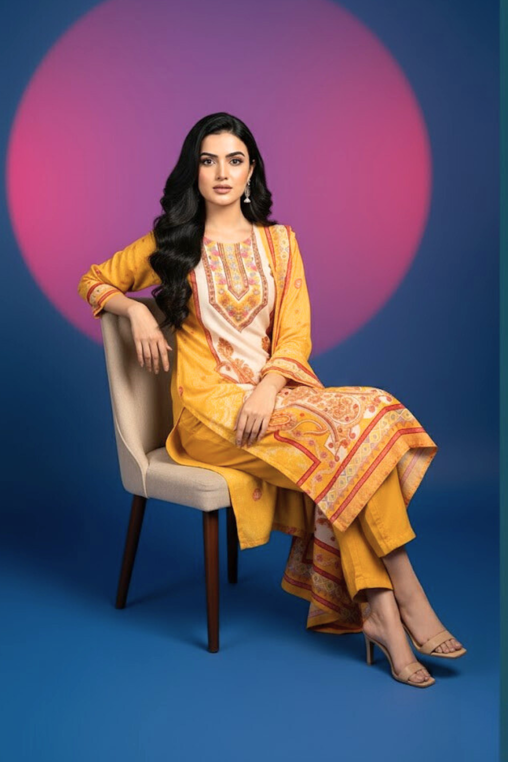 Yellow Kurta Set in Muslin Fabric with Digital Print