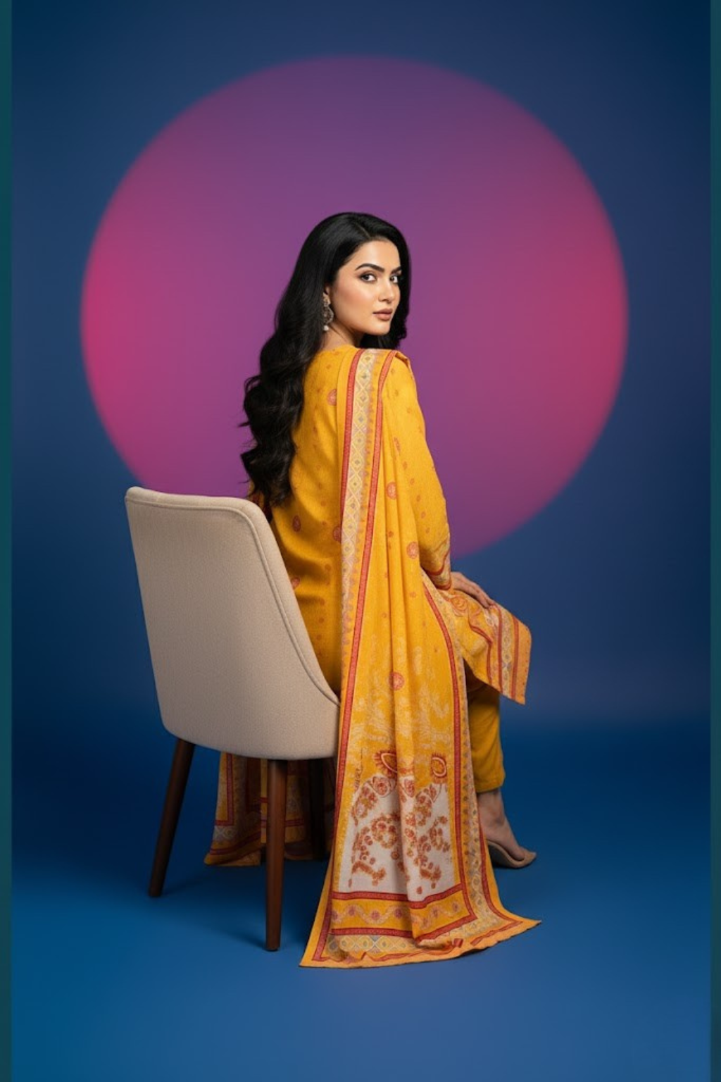 Yellow Kurta Set in Muslin Fabric with Digital Print