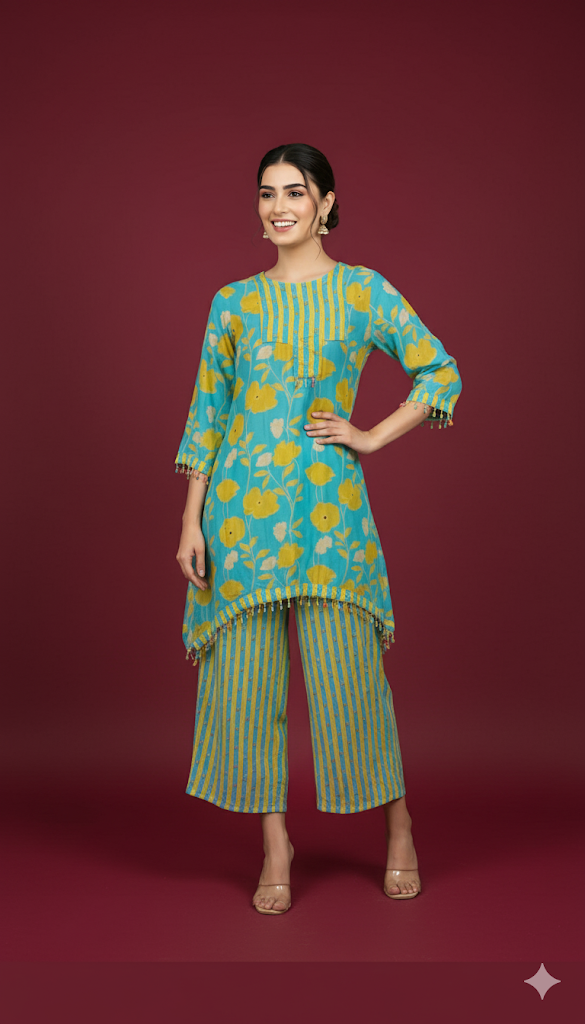Blue and Yellow Co-ord Set in Muslin Fabric with Digital Print