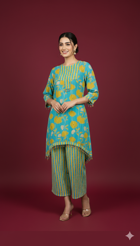 Blue and Yellow Co-ord Set in Muslin Fabric with Digital Print