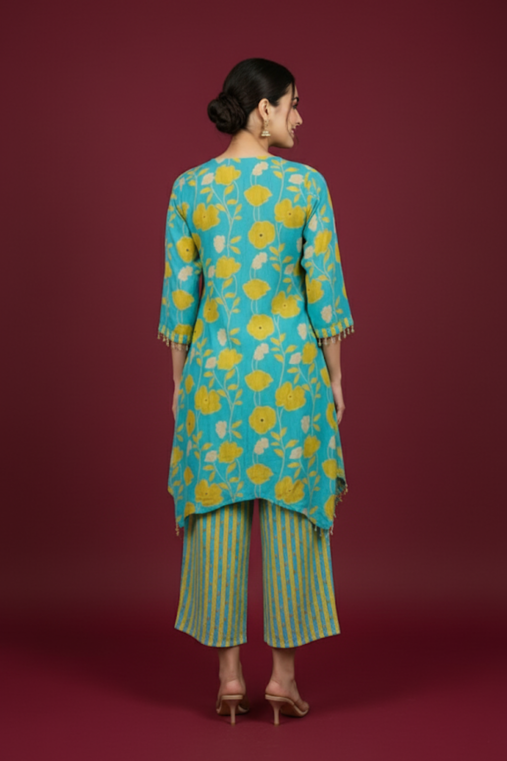 Blue and Yellow Co-ord Set in Muslin Fabric with Digital Print