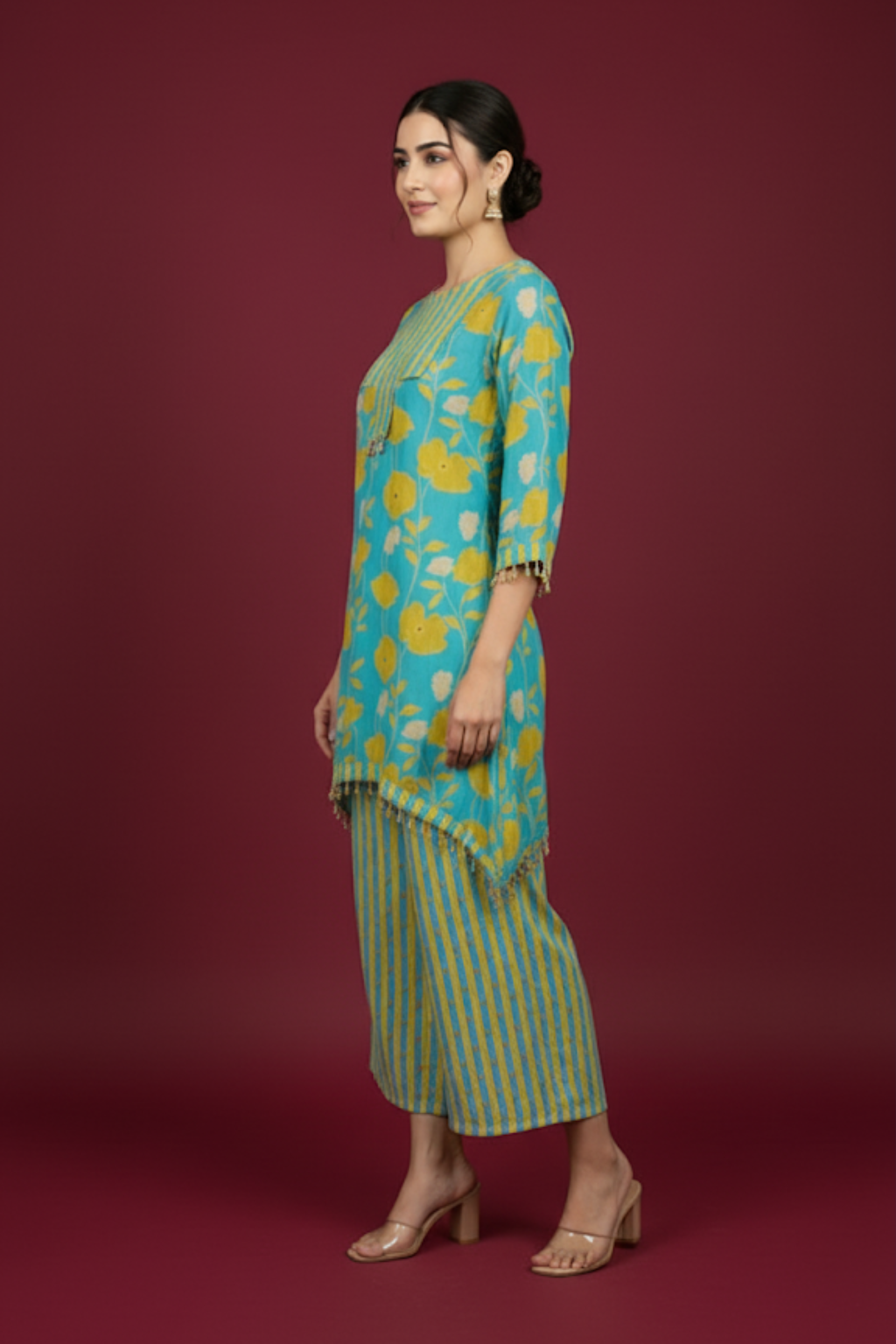 Blue and Yellow Co-ord Set in Muslin Fabric with Digital Print